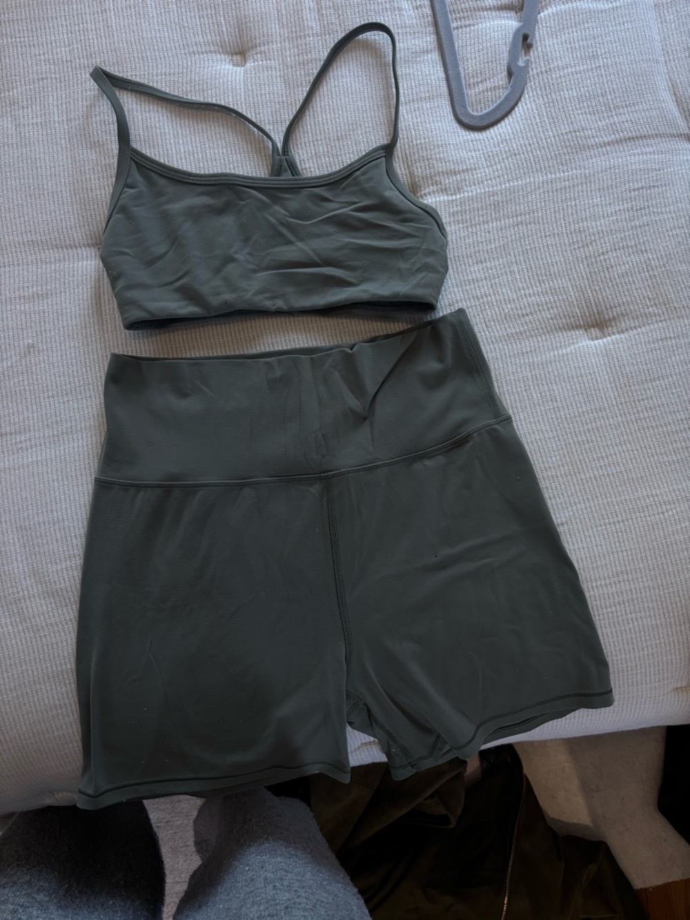 Vuori Women's Athletic Shorts and Sports Bra in Olive Green